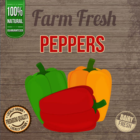 Vintage farm fresh peppers poster design on wooden backgroundのイラスト素材