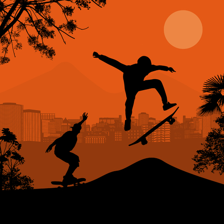 Skater silhouettes in front of city landscape vector backgroundのイラスト素材