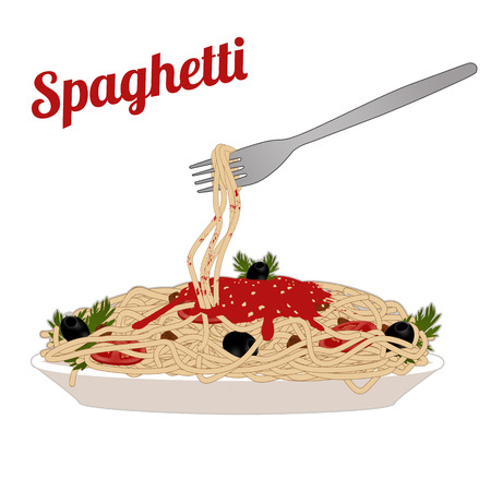 Italian pasta spaghetti in the white plate with fork on white background, vector illustrationのイラスト素材