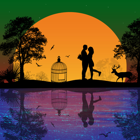 Deer and lovers at sunset near water on beautiful landscape, vector illustrationのイラスト素材