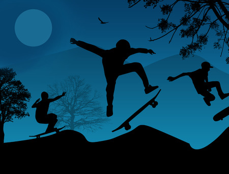 Skater silhouettes on blue sunset, vector backgroundのイラスト素材