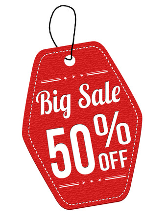 Big sale 50% off red leather label or price tag on white background, vector illustrationのイラスト素材