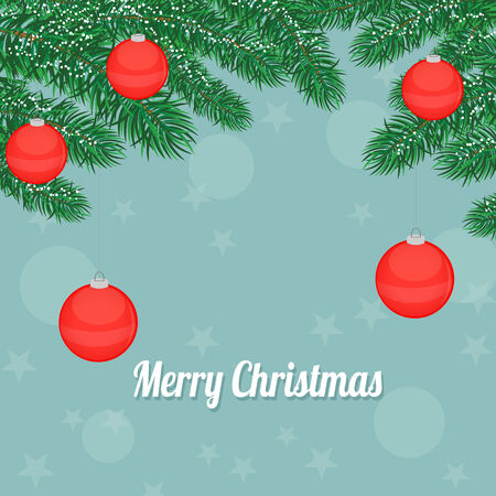 Red Christmas balls on pine branch with space for your text on blue, vector illustrationのイラスト素材