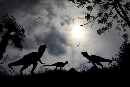 Dinosaurs silhouettes in beautiful cloudy landscape, background illustrationの写真素材