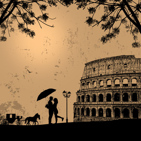 Couple silhouette in love in front of Colosseum in Rome on vintage backgroundのイラスト素材
