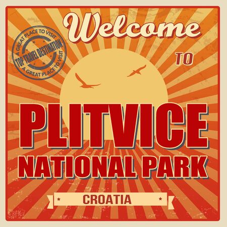 Vintage Touristic Welcome Card - Plitvice National Park, Croatia illustrationのイラスト素材