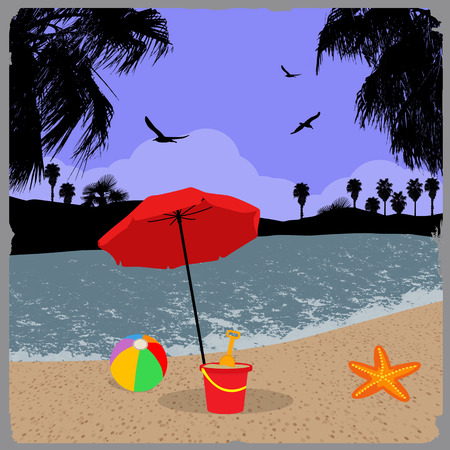 Seascape vintage poster at beautiful summer background, vector illustrationのイラスト素材