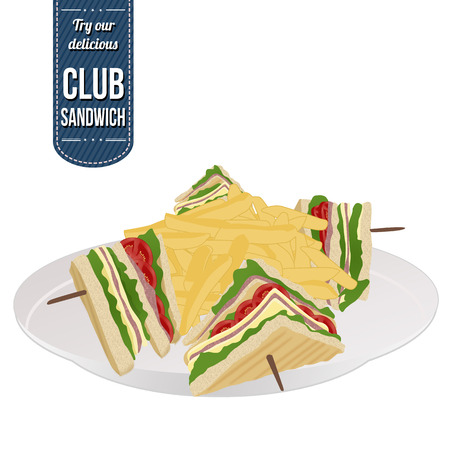 Club sandwich and french fries on white background, vector illustrationのイラスト素材