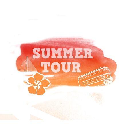 Summer tour on orange watercolor shape on white background,  vector illustrationのイラスト素材