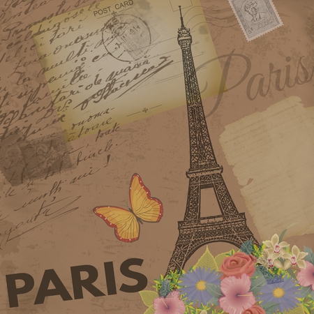 Paris vintage poster on nostalgic retro background with old post cards, letters and Eiffel Tower, vector illustrationのイラスト素材
