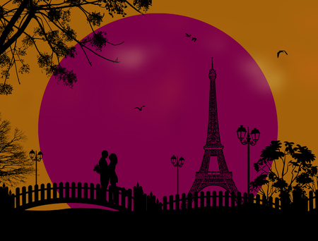 Lovers in Paris on sunset background, vector illustrationのイラスト素材