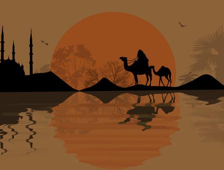 Bedouin camel caravan in beautiful landscape near water on sunset, vector illustrationのイラスト素材