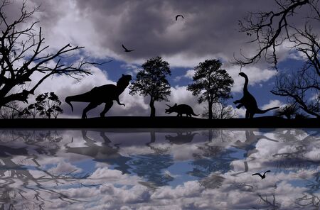 Dinosaurs silhouettes in beautiful cloudy landscape near water, background illustrationの写真素材