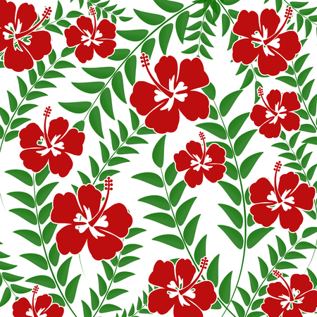 Pattern with green leaves and Hibiscus flowers on white background, vector illustrationのイラスト素材