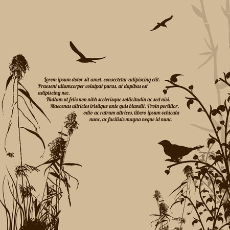 Birds, plants and branch on retro style background with space for your text, vector illustrationのイラスト素材