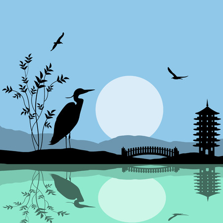 Heron silhouette on river at beautiful asian place, vector illustrationのイラスト素材