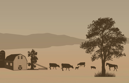 Beautiful rural landscape with barn and farm animals on retro style, vector illustrationのイラスト素材