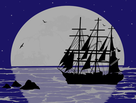 Boat floating on the ocean on blue night, vector illustrationのイラスト素材