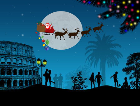People at night in Rome with santa claus and deers silhouettes flying over a city, vector illustrationのイラスト素材