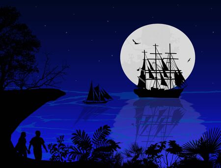 Blue sea sunset with boats and couple silhouettes on beautiful place, vector illustrationの写真素材