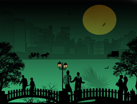 Vector design background with beautiful cityscape and people silhouetteのイラスト素材