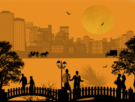 Vector design background with beautiful cityscape and people silhouetteon orangeのイラスト素材