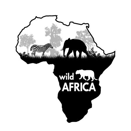 Wild african animals silhouettes on the map of Africa on white, vector illustrationのイラスト素材