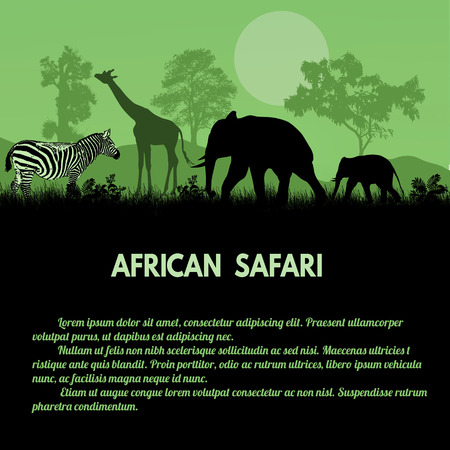 African Safari poster. Wild african animals silhouettes on green with space for your text, vector illustrationのイラスト素材