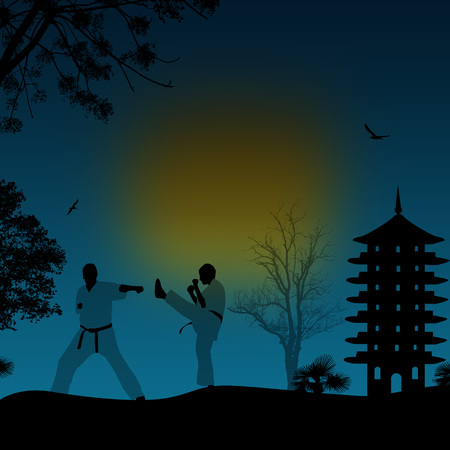 Karate in the beautiful asian landscape on blue sunset, vector illustrationのイラスト素材