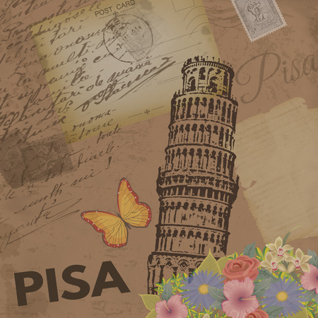 Pisa vintage poster on nostalgic retro background with old post cards, letters and Tower of Pisa, vector illustrationのイラスト素材