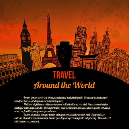 Travel around the World, vintage touristic poster on orange background with space for your text, vector illustrationのイラスト素材