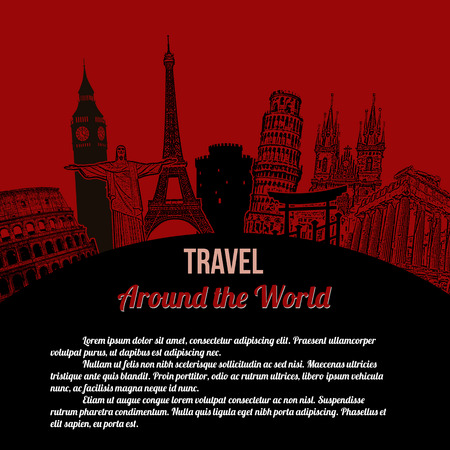 Travel around the World, vintage touristic poster on red background with space for your text, vector illustrationのイラスト素材