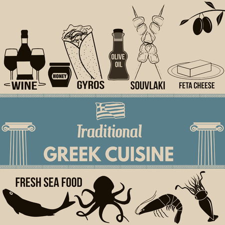Traditional greek cuisine poster with greek food elements on retro background , vector illustrationのイラスト素材