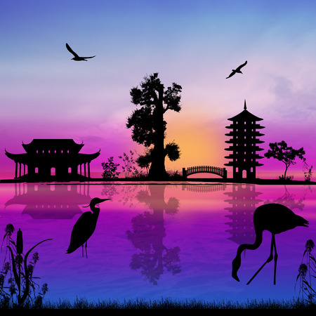 Beautiful asian landscape near water on sunset, vector illustrationのイラスト素材