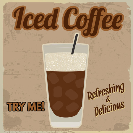 Iced coffee vintage grunge poster on retro background, vector illustrationのイラスト素材