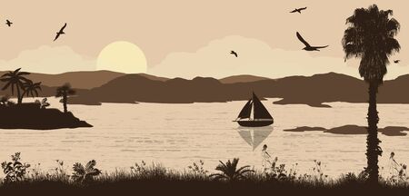 Sunset on beautiful tropical seascape. Retro style sunset on the ocean background, vector illustrationのイラスト素材
