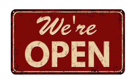 We're open on red vintage rusty metal sign on a white background, vector illustrationのイラスト素材