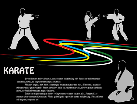 Karate poster background with fighters silhouettes on black, vector illustrationのイラスト素材