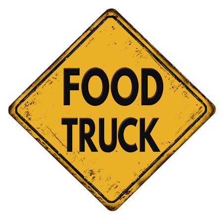 Food truck vintage rusty yellow road sign on a white background, vector illustrationのイラスト素材