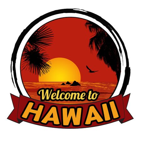 Welcome to Hawaii concept in vintage graphic style for t-shirt and other print production on white background, vector illustrationのイラスト素材