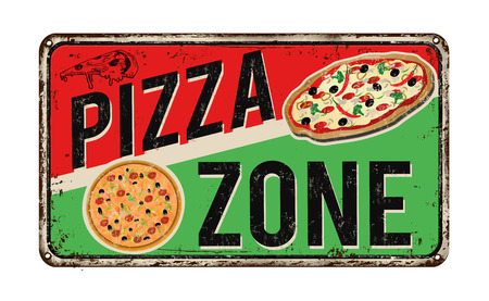 Pizza zone vintage rusty metal sign on a white background, vector illustrationのイラスト素材
