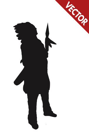 Silhouette of a native american indian chief with spear on white background, vector illustrationのイラスト素材