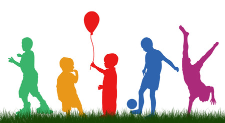 Colored silhouettes of children playing on white background, vector illustrationのイラスト素材