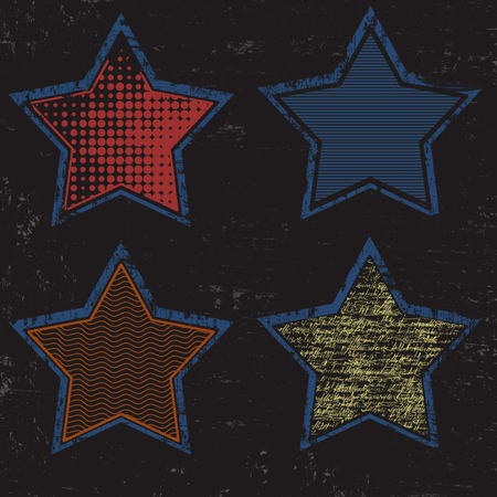 Grunge colored stars set on black background, vector illustrationのイラスト素材