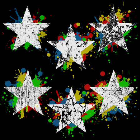 Grunge white stars on colored splashes over black background, vector illustrationのイラスト素材