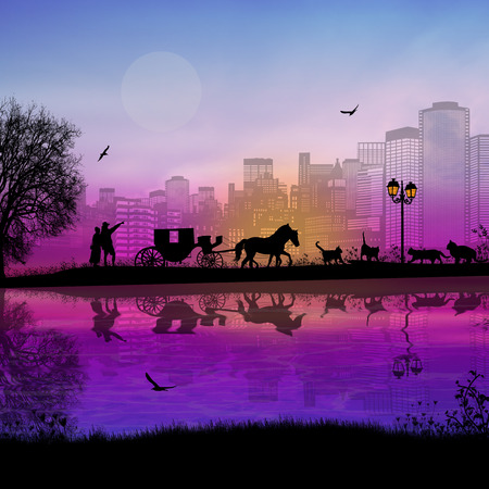 Carriage and lovers at sunset in romantic city place near water and many cats, vector illustrationのイラスト素材