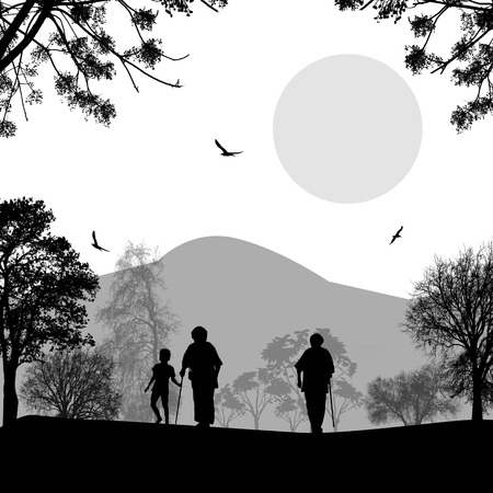Old people and child in the city park on white background, vector illustrationのイラスト素材