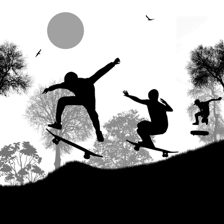Skater silhouettes on park on white, vector backgroundのイラスト素材