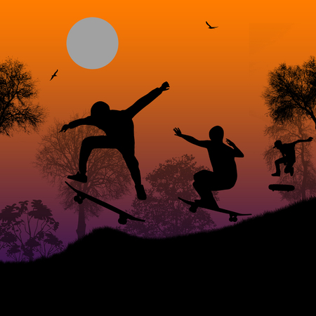 Skater silhouettes on park at beautiful sunset, vector backgroundのイラスト素材