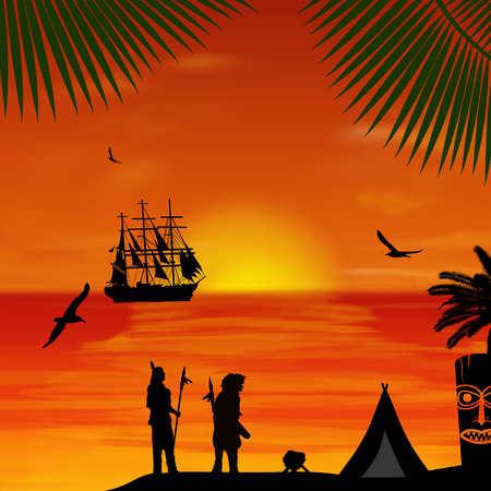 Native american indian silhouettes at beautiful sunset on the beach, vector illustrationのイラスト素材